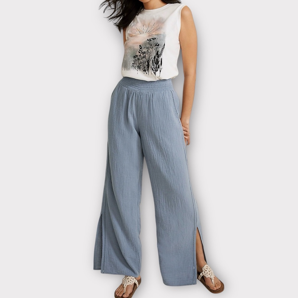 Maurices dusty blue high rise wide leg cotton pants L double cloth summer casual